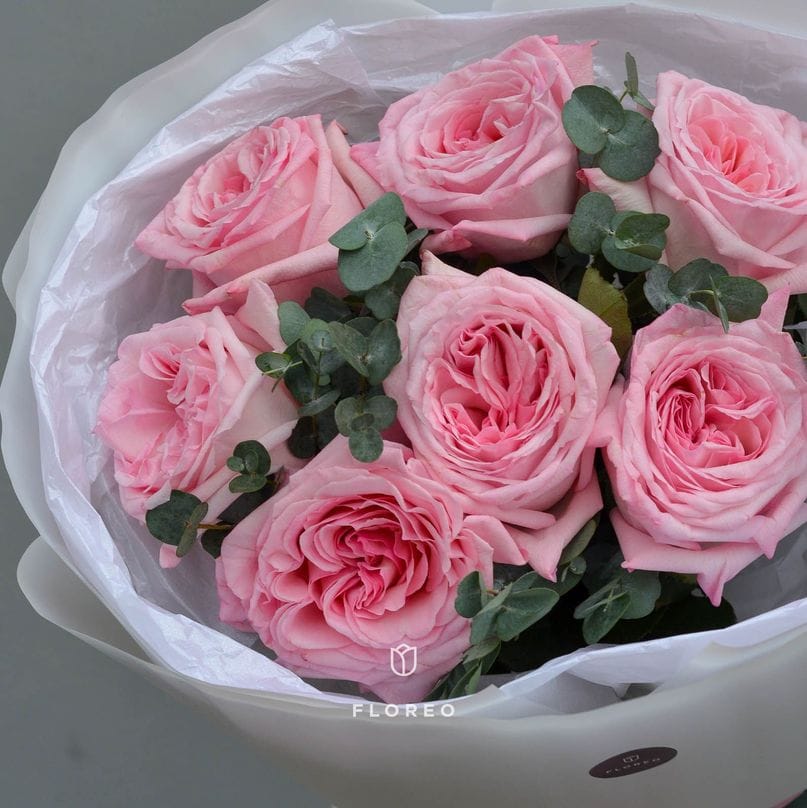 7 пионовидных роз Пинк Охара с эвкалиптом #564