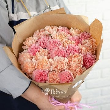 27 розово-персиковых гвоздик в упаковке