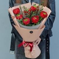 7 пионовидных роз Ред Монстр с эвкалиптом #560