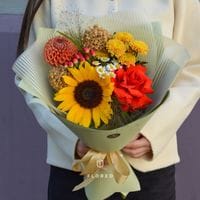 Букет с французской розой и подсолнухом #1277