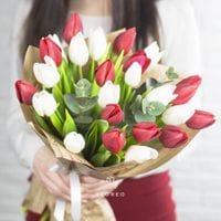 25 тюльпанов с эвкалиптом #1003