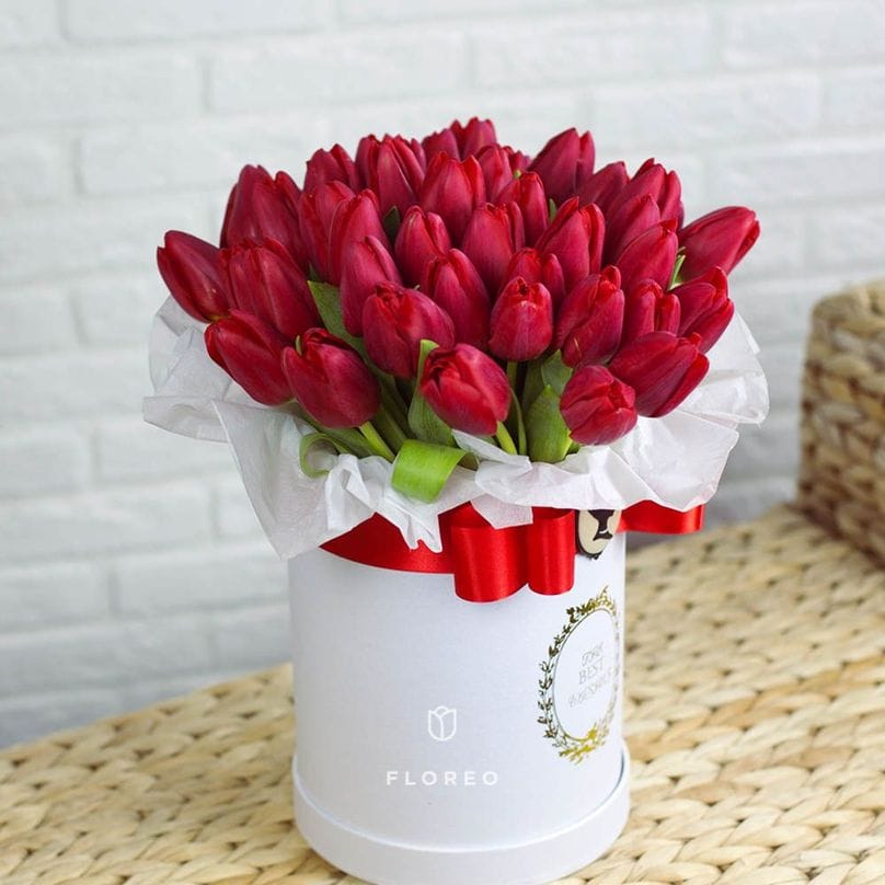 51 красный тюльпан в коробке #1035
