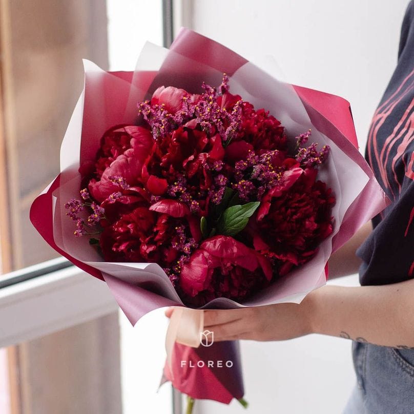 7 бордовых пионов в упаковке